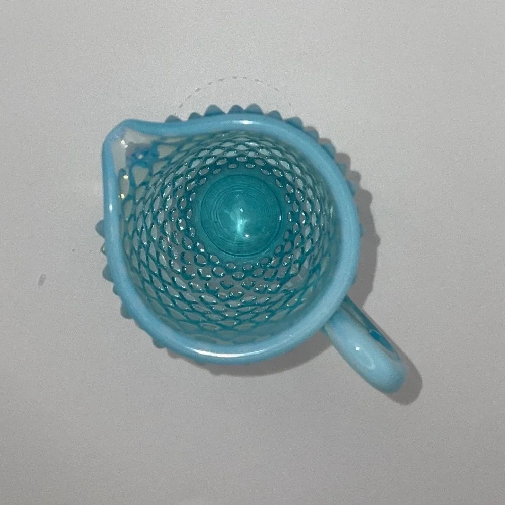 Fenton Turquoise Opalescent Hobnail Glass Mini Creamer Pitcher Vintage 3.5 Inch